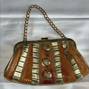 Rafe Gold Leather and Orange Reptile Textured Chain-Handle Women's Clutch